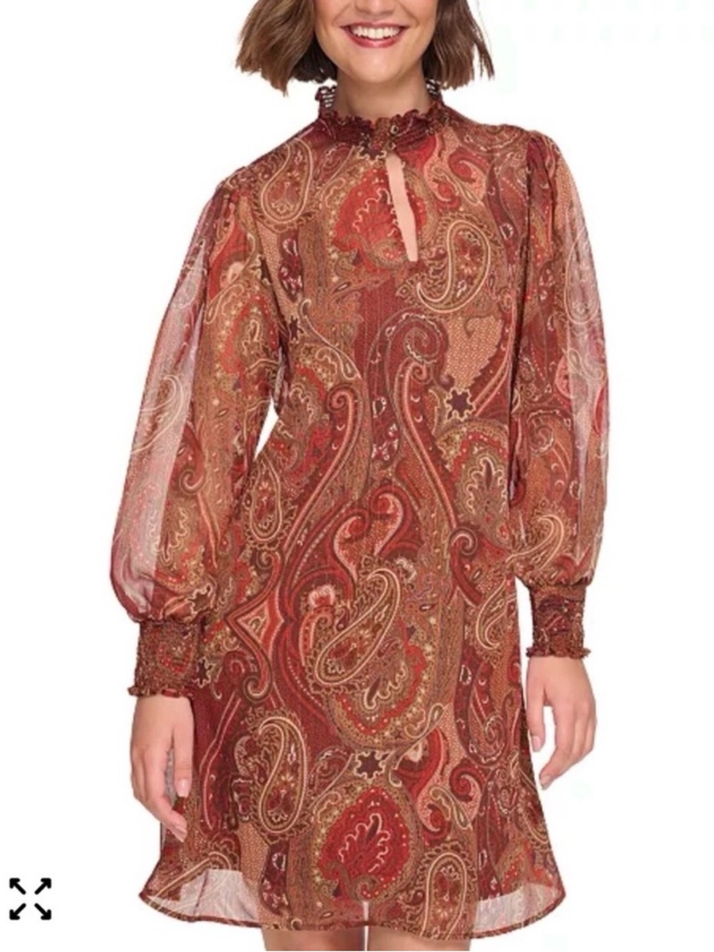 Tommy Hilfiger Rust Paisley High-Neck Long Sleeve Dress